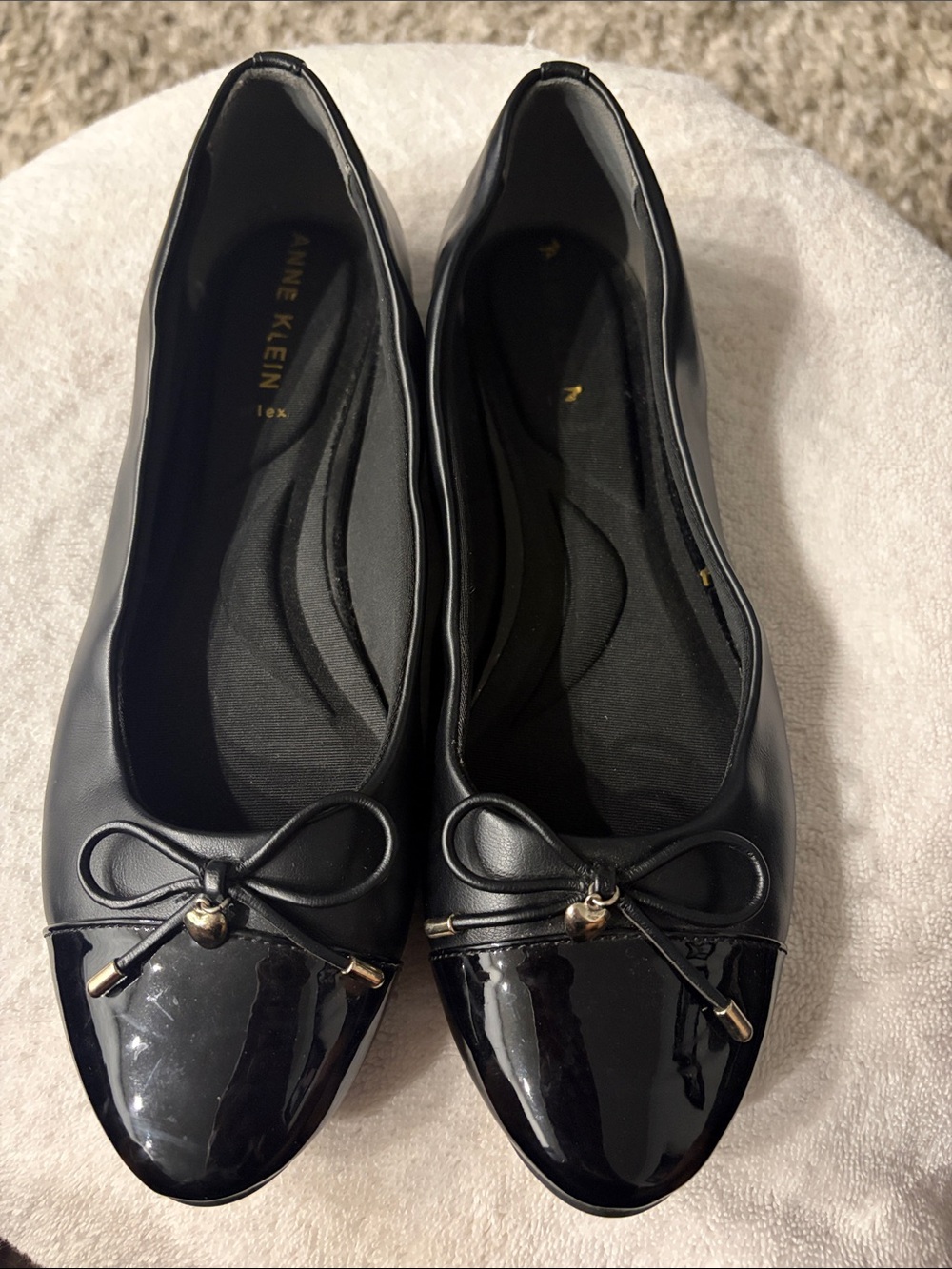 Anne Klein Black Patent Cap Toe Ballet Flats with Bow